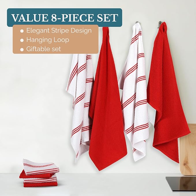 Casa Platino Kitchen Towel Set 8 Pc - 4 Dish Towels (16"x26") & 4 Dish Cloths for Washing Dishes (13"x13") - Cotton Rich, Absorbent, Quick Dry & Durable Kitchen Hand Towels for Wiping Dishes - Red.