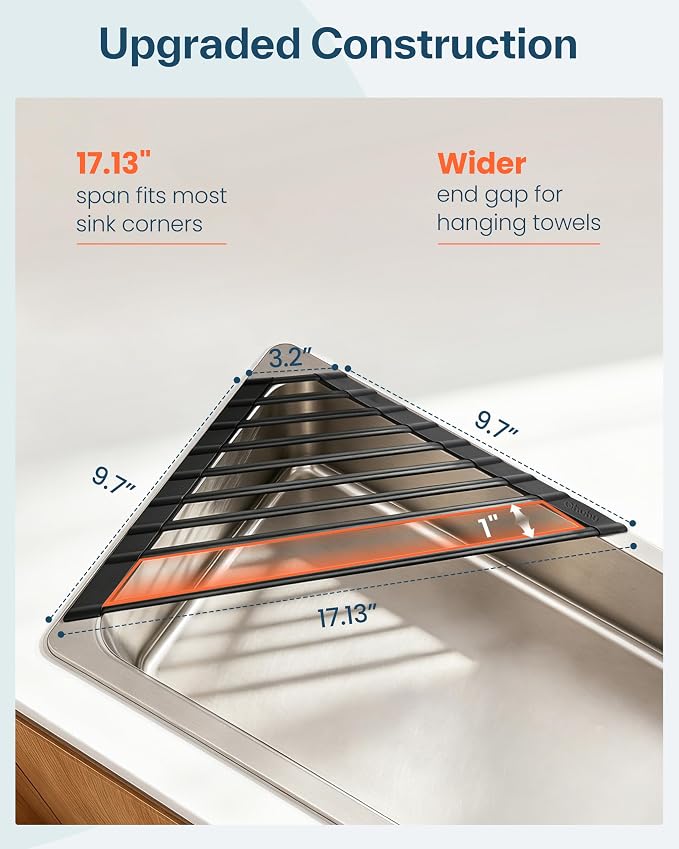 Ohuhu Corner Sink Caddy, Sponge Holder for Kitchen Sink Organizer - Silicone Wrapped Steel Anti Slip Rust Triangle Over the Sink Roll-UP Dish Drying Rack for Sink Corner Kitchen Sink Accessories