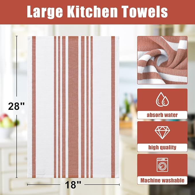 Homaxy Premium Cotton Stripe Kitchen Towels 3 Pack, 18"x 28", Rust | Large 380 GSM Kitchen Hand Towels, Soft Terry Dish Towels, Highly Absorbent Tea Towel Set with Hanging Loop