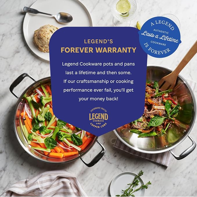 LEGEND COOKWARE 5-Ply Stainless Steel Wok Set, 12-Inch 5-Quart with Lid and Steamer - Induction Compatible, Oven Safe 800°F - Non-Toxic, No Coatings - Even Heating - Built to Last Generations