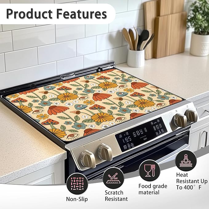 Hippie Abstract Flowers Stove Top Cover for Electric Stove,Heat Resistant Glass Cooktop Cover,Multipurpose Stove/Counter/Washer Top Protector,Dishwasher Safe Rubber (28x 20)