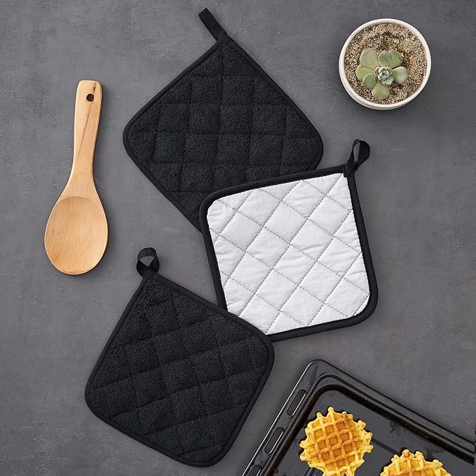 Kitchen Pot Holders Set Heat Resistant Pure Cotton Potholders Kit Trivets Large Coasters Hot Pads Terry Pot Holders for Everyday Cooking and Baking by 7 x 7 Inch Set of 4 Black