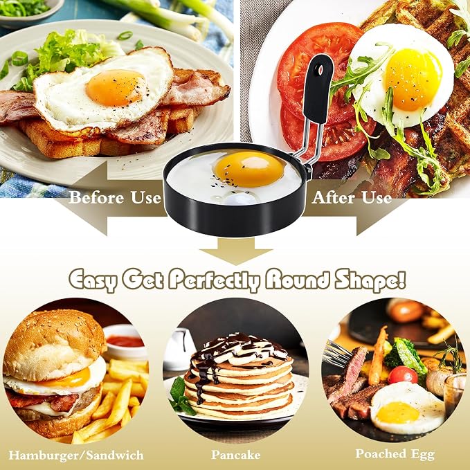 2-Pack Round+Heart Egg Rings Set with Silicone Handle, Stainless Steel Egg Cooking Rings，Nonstick，For Frying Eggs and English Muffins Pancake, Egg Mold Shaper For Breakfast