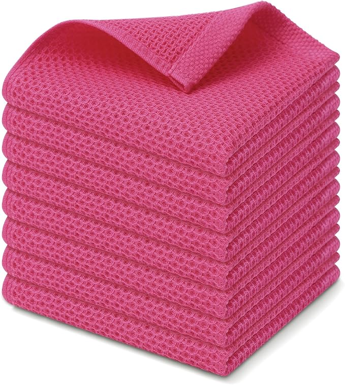 Kitinjoy 100% Cotton Waffle 8-Pack Kitchen Towels, 12" x 12", Hot Pink | Ultra Absorbent, Super Soft, lightweight, Quick Drying Dish Rags for Washing Dishes