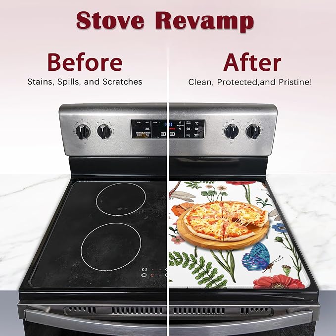 Dragonfly Butterfly Botanical Stove Top Cover for Electric, Glass Ceramic Stove Cover, Heat Resistant Flat Stovetop Protector, Dish Drying Mats for Kitchen