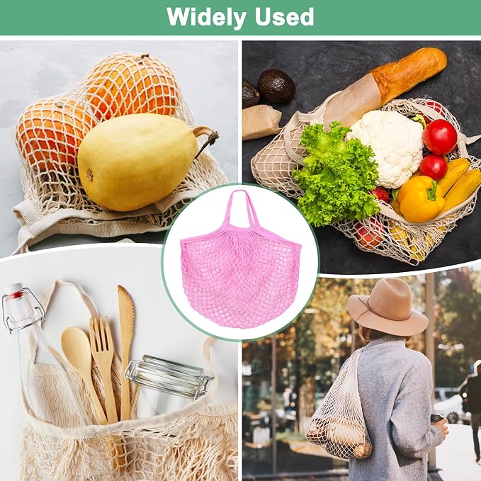 M METERXITY 2-Pack Cotton Mesh Bag, Reusable Washable Mesh Net String Grocery Bags, Reusable Produce Bags with Handle, Net Tote Bag for Fruits/Vegetables Shopping [Pink, Long&Short Handle]