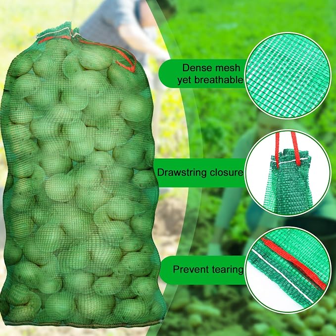 SATINIOR 60 Pcs Large Mesh Storage Produce Bags 21'' x 32'' Mesh Onion Bags 50 Lbs Reusable Vegetable Storage with Drawstring Potato Sacks for Onion Potato Citrus Fruit Produce Firewood (Green)
