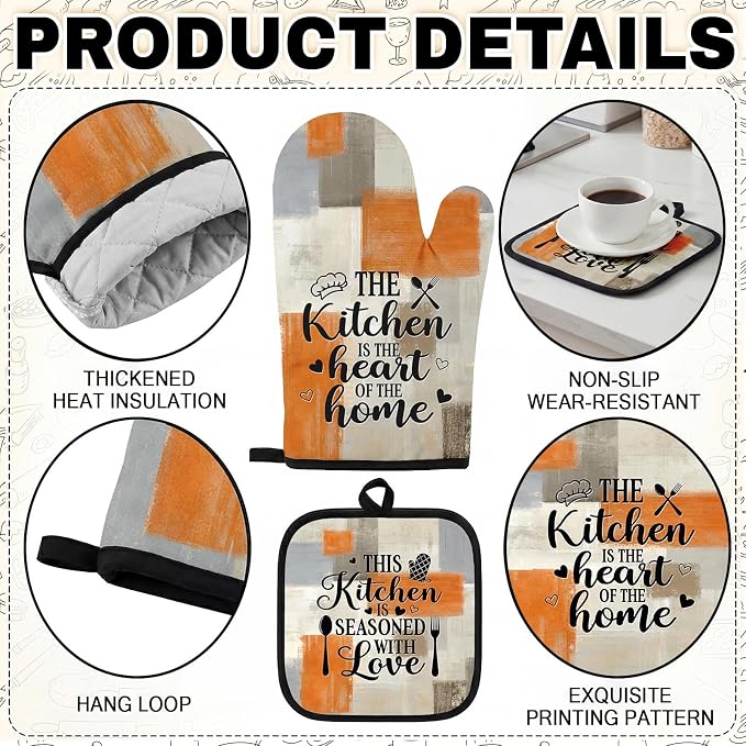 10 Pcs Kitchen Decor and Accessories Set, Orange Beige | 4 Dish Towels Kitchen Rugs 2 Oven Mitts 2 Pot Holders, Home Decor for Cooking Baking BBQ Gifts Women Mom Housewarming