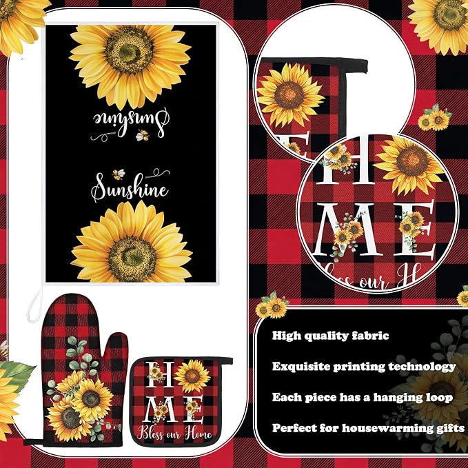Leinuosen 8 Pcs Sunflower Red Black Checkered Kitchen Towels and Dishcloths Sets Pot Holders and Oven Mitts Sets Absorbent Kitchen Gloves Potholders Heat Resistant for Chef Baking Cooking