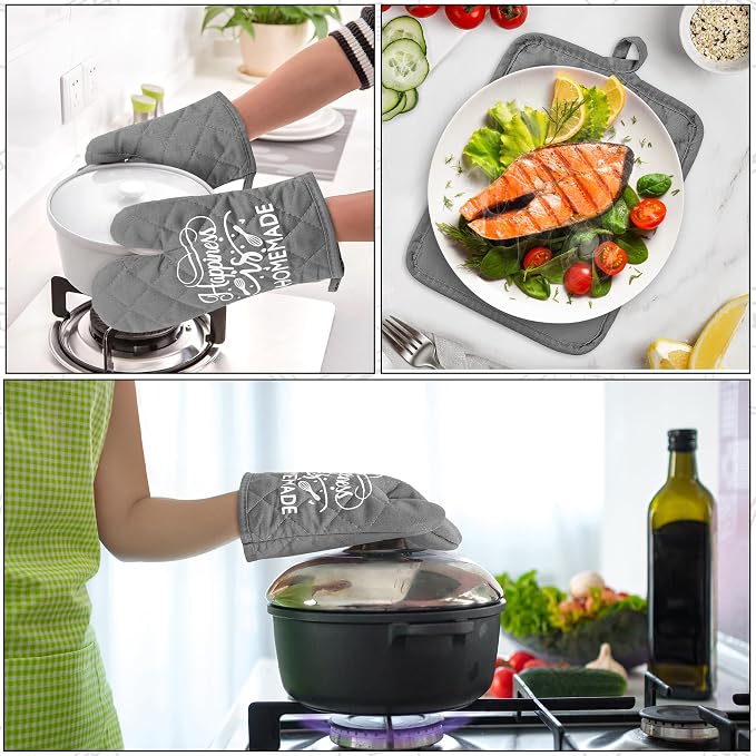 6Pcs Cotton Oven Mitts and Pot Holders Set Happiness is Homemade Heat Resistant Hot Pad Machine Washable Microwave Gloves with Hanging Loop Pocket Potholder for Kitchen Baking Cooking Grilling