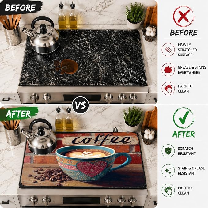 Electric Stove Top Cover for Glass Top, Coffee Cup Brick Cafe – Heat Resistant Flat Stove Top Covers, Decorative Scratch Protector Mat for Glass Ceramic Cooktop, Non-Slip, 28"x20"