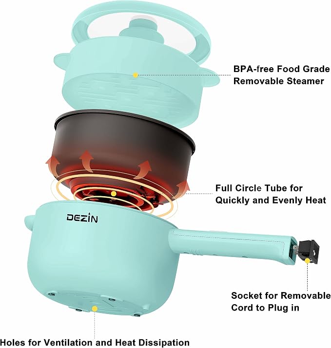 Dezin 2L Hot Pot Electric, Non-Stick Electric Pan, 700W Adjustable Power | Electric Pot for Cooking/Steak/Egg/Fried Rice/Ramen/Soup, Portable Pot for Dorm/RV/Family/Travel/Camping, Include Spatula