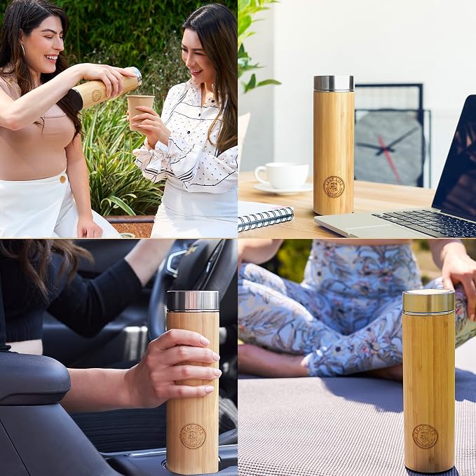 LeafLife Premium Bamboo Tea Tumbler with Infuser for Loose Leaf Tea | Insulated Coffee Bottle, Stainless Steel Gift Set, Leakproof Travel Mug, 17oz