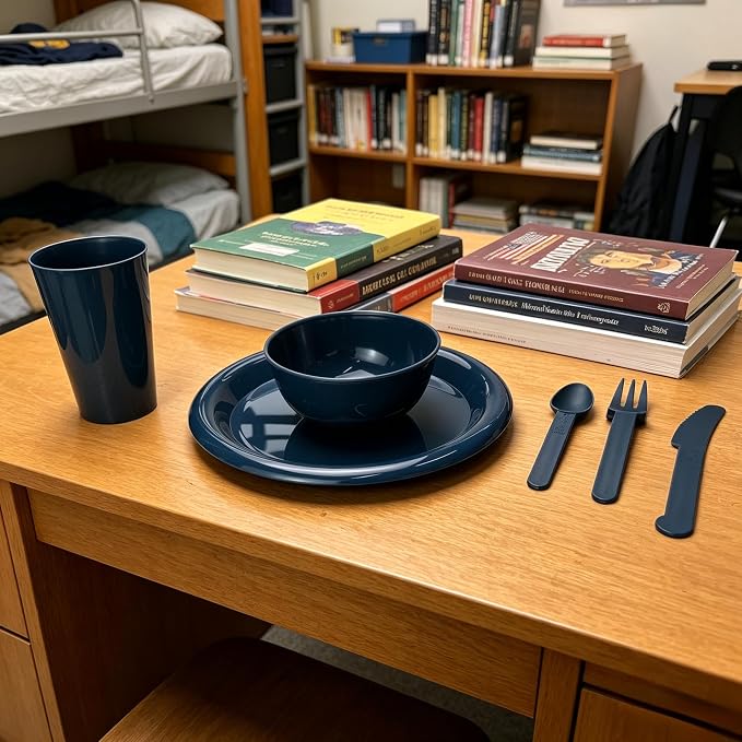 Plastic Plates and Bowls Sets Dinnerware Set Dishes Set for 4,College Dorm Room Essentials,Camping Plates and Bowls with Tumbler,Knives,Forks and Spoons,Mess Kit,Microwave Safe,BPA Free-Multicolor