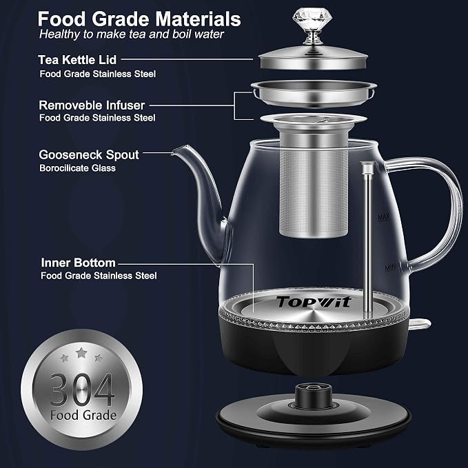 Topwit 1L Glass Electric Kettle, Gooseneck Electric Tea Kettle, BPA-free | Removable Stainless Steel Tea Infuser, Auto-Shut Off, Boil-Dry Protection, Dual-Purpose For Hot Water, Tea & Coffee, Black