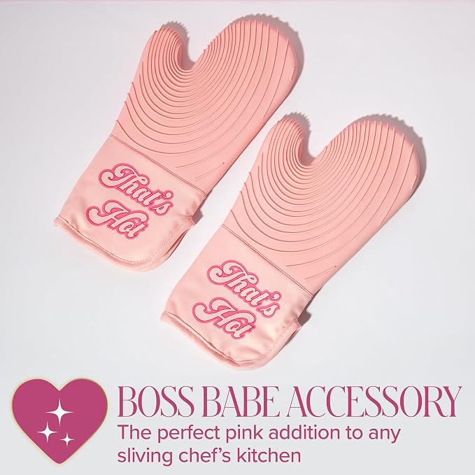 Paris Hilton Oven Mitt Set with Iconic That's HOT Design, Heat Resistant Pot Holders Featuring Non-Slip Textured Silicone Grips, 2-Piece Set, Pink