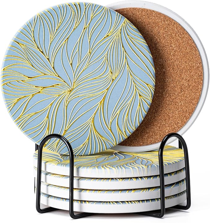 6Pcs Absorbent Coasters Set with Holder,Ceramic Drink Coaster,4 in（A7） | Marble Style Ceramic Drink Coaster,Suitable for Kinds of Cups,Modern Style Coaster for Coffee Table