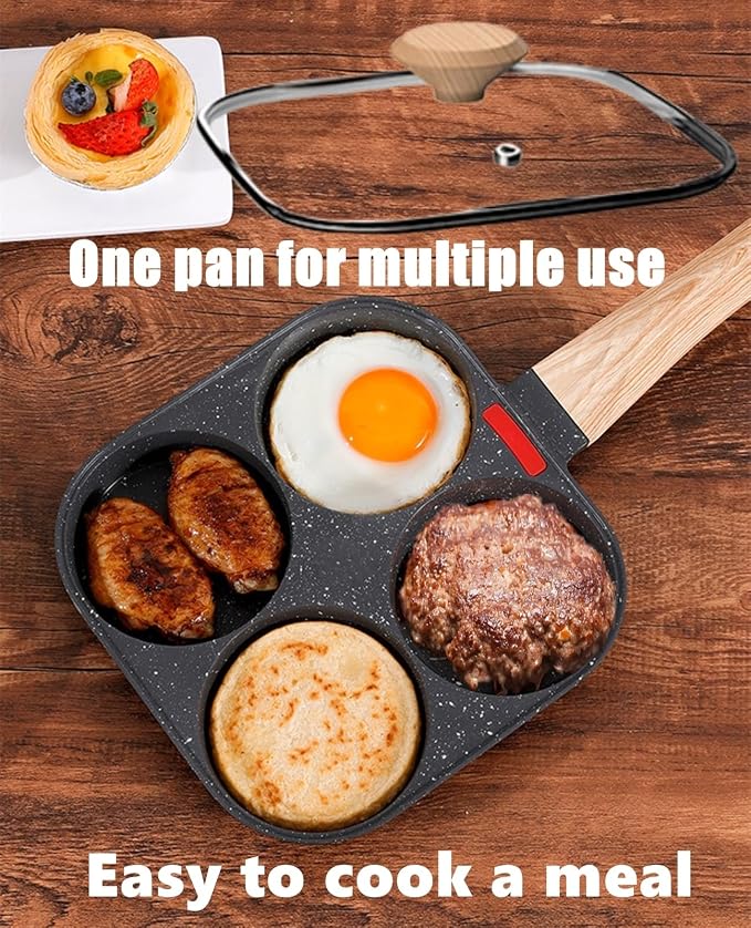 HUPECHAM Egg Pan With Lid 4-Cup Nonstick, and Healthy Granite Egg Frying Pan, Versatile Breakfast Skillet for Eggs, Pancakes, Plett, Crepes, Compatible with Gas Stove and Induction Cooktop