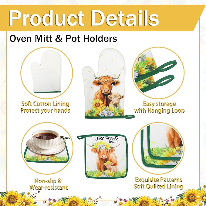 8 PCS Highland Cow Kitchen Decor and Accessories, 4 Dish Towels Set 2 Oven Mitts and Pot Holders Sets for Cooking Baking Home Sweet Home Sunflower Cattle Watercolor Farmhome