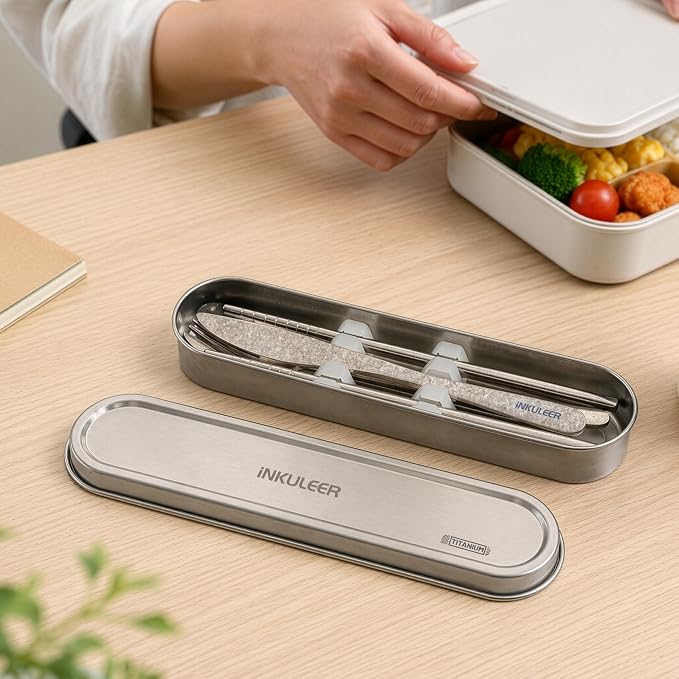 iNKULEER 100% Pure Titanium Travel Cutlery Set | Reusable Utensils with Metal Case | Portable Silverware for Camping, Office, Travel & Outdoor Dining