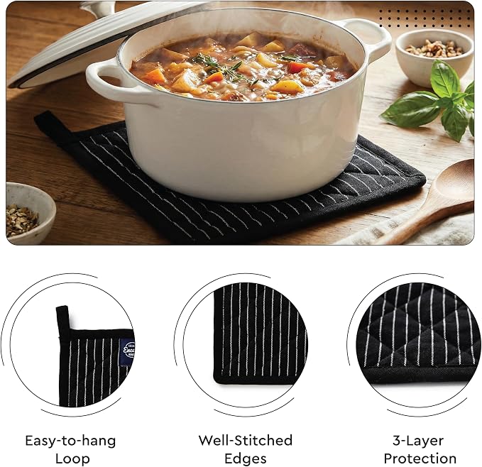 Encasa XO Oven Mitts and Pot Holders Set, Heat Resistant Cotton | Butcher Stripes Black, Diamond Quilted | Non-Slip Grip | Microwave & Oven Safe | Hanging Loop | Machine Washable | Set of 2
