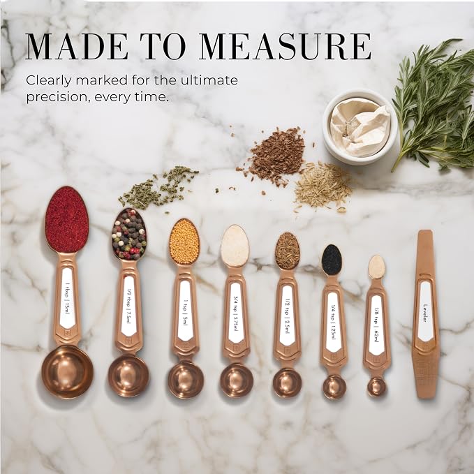 Styled Settings Copper Measuring Spoons Set with Leveler, 8-Piece | Double-Sided Nesting Magnetic Measuring Spoons, Stackable & Spice Jar Friendly -Stylish Copper Kitchen Accessories for Baking