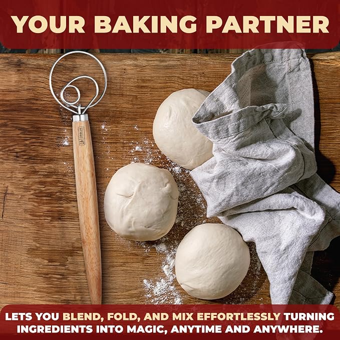 ORBLUE Premium Danish Dough Whisk - Dutch Whisk with Stainless Steel Ring - Danish Whisk for Bread, Pastry or Pizza Dough, 13-inch 1-PACK