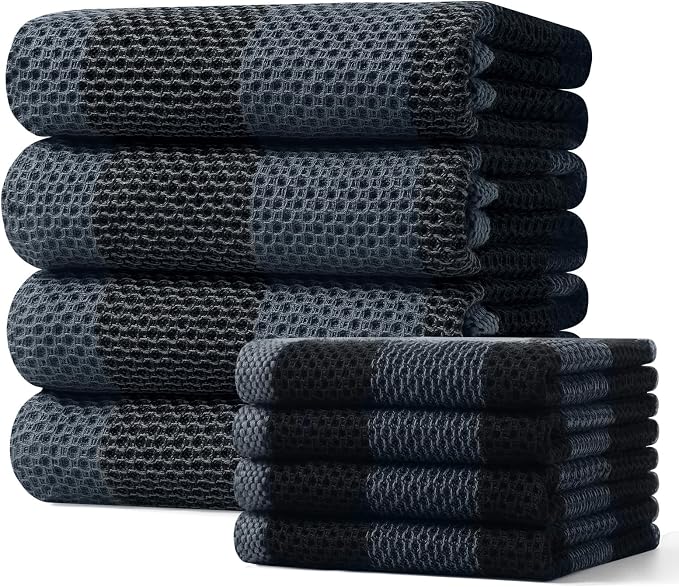 Homaxy Kitchen Towels and Dishcloths Set, Set of 8, Black & Grey | Bulk Cotton Waffle Weave Check Plaid Kitchen Towels, Super Soft and Absorbent Dish Cloths, 12 x 12 and 20 x 28 Inches