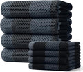 Homaxy Kitchen Towels and Dishcloths Set, Set of 8, Black & Grey | Bulk Cotton Waffle Weave Check Plaid Kitchen Towels, Super Soft and Absorbent Dish Cloths, 12 x 12 and 20 x 28 Inches