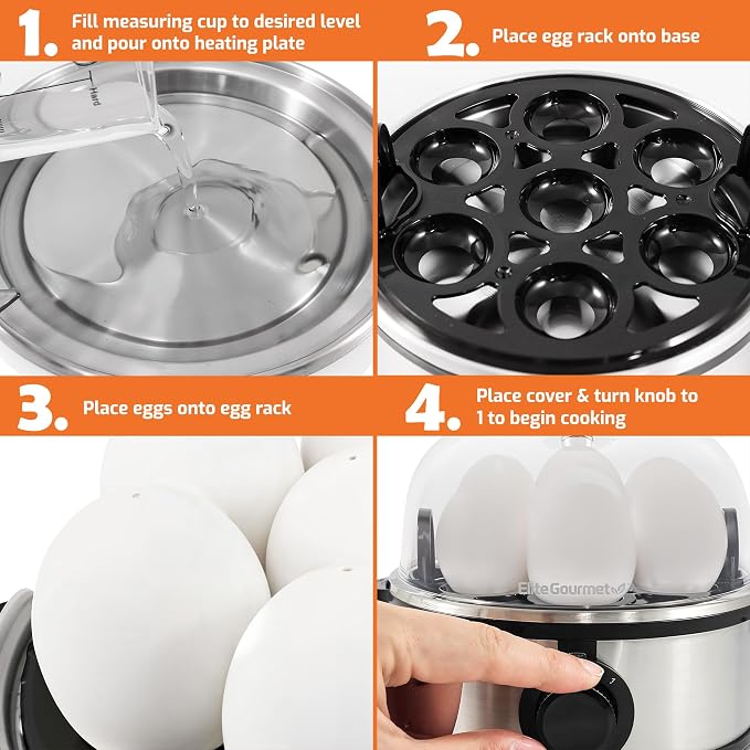 Elite Gourmet EGC724SS Egg Boiler Cooker, 7-Egg Poacher/Omelet Maker, Steel | Cooks soft, medium, or hard-boiled eggs, also scrambles - auto shut-off with buzzer - measuring cup included - BPA-free