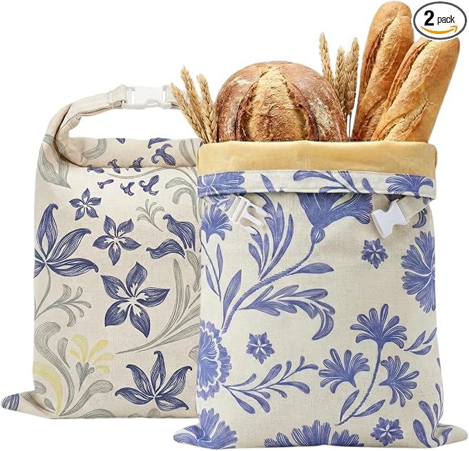 Beeswax Bread Bags for Sourdough & Homemade Bread (2 Pack) | XL 13"x17" Large Reusable Cotton & Linen Bread Bag, Keep Loaves Fresh Longer, Natural & Easy to Clean (Classic Blue Floral)