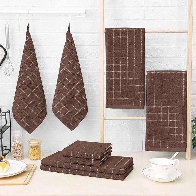 Homaxy Kitchen Towels and Dishcloths Set, Set of 8, Brown | Bulk Cotton Terry Kitchen Towels, Checkered Designed, Soft and Super Absorbent Dish Towels, 12 x 12 and 13 x 28 Inches