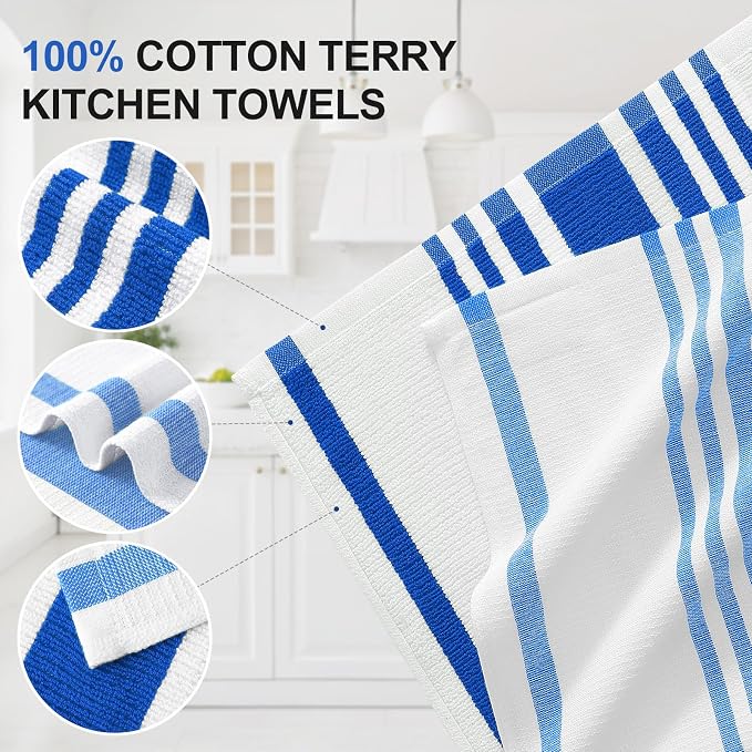 Homaxy Premium Cotton Stripe Kitchen Towels 8 Pack, 18"x 28", Blueberry | Large 380 GSM Kitchen Hand Towels, Soft Terry Dish Towels, Highly Absorbent Tea Towel Set with Hanging Loop
