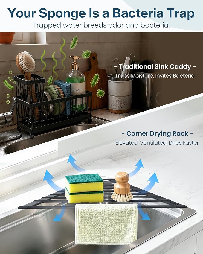 Ohuhu Corner Sink Caddy, Sponge Holder for Kitchen Sink Organizer - Silicone Wrapped Steel Anti Slip Rust Triangle Over the Sink Roll-UP Dish Drying Rack for Sink Corner Kitchen Sink Accessories