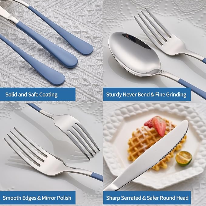 20-Piece Grey Blue Silverware Set, 18/0 Stainless Steel Grey Blue Handle Flatware Set, Service for 4,Modern Cutlery Set Includes Dinner Knives Forks Spoons,Mirror Polished,Dishwasher Safe