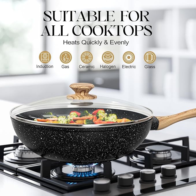 MICHELANGELO 12 Inch Wok Set - Woks & Stir-Fry Pans Nonstick Wok Pan with Lid, Induction Wok with Ergonomic Handle, Stainless Steel Steamer, Fryer Basket, Black