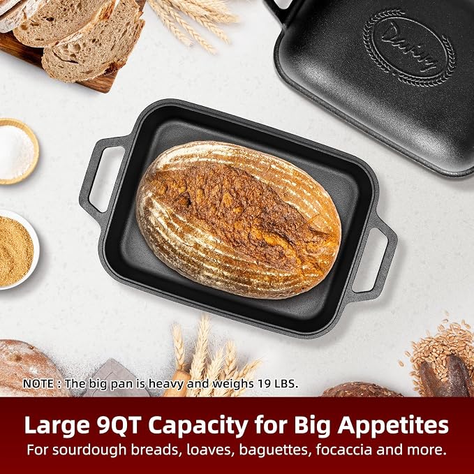 Davivy 9QT Dutch Oven for Sourdough Bread, Non-stick Cast Iron Sourdough Bread Loaf Baking Pan, Large Capacity Cast Iron Loaf Pan, with Silicone Oven Mitts, 12.3" x 9.2", Matte Black
