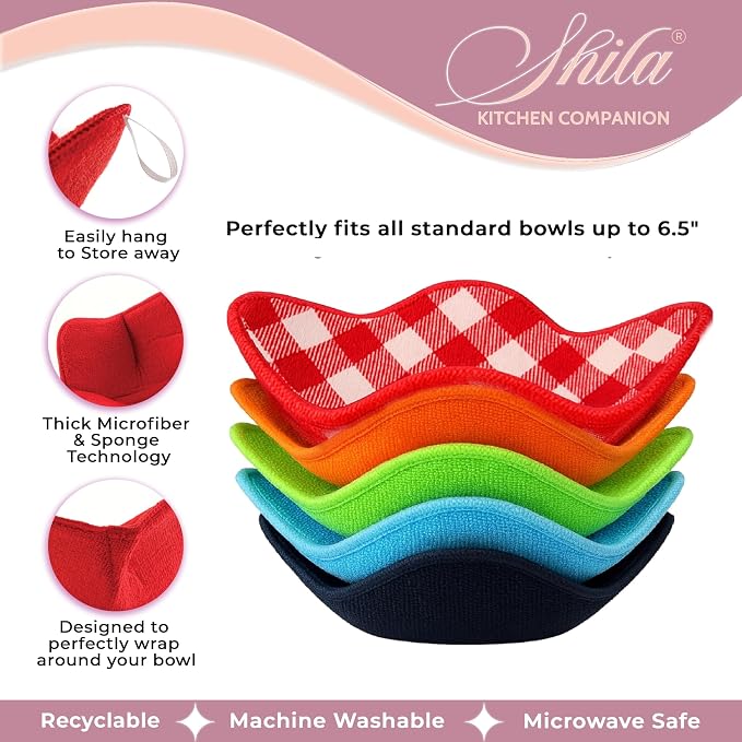 Bowl Snuggies, Multicolor Set of 5 Microwave-Safe Hot Bowl Holders to Keep Your Hands Cool and Your Food Warm, Polyester & Sponge Heat Resistant Dish Pads for Soup, Rice and Pasta Bowls