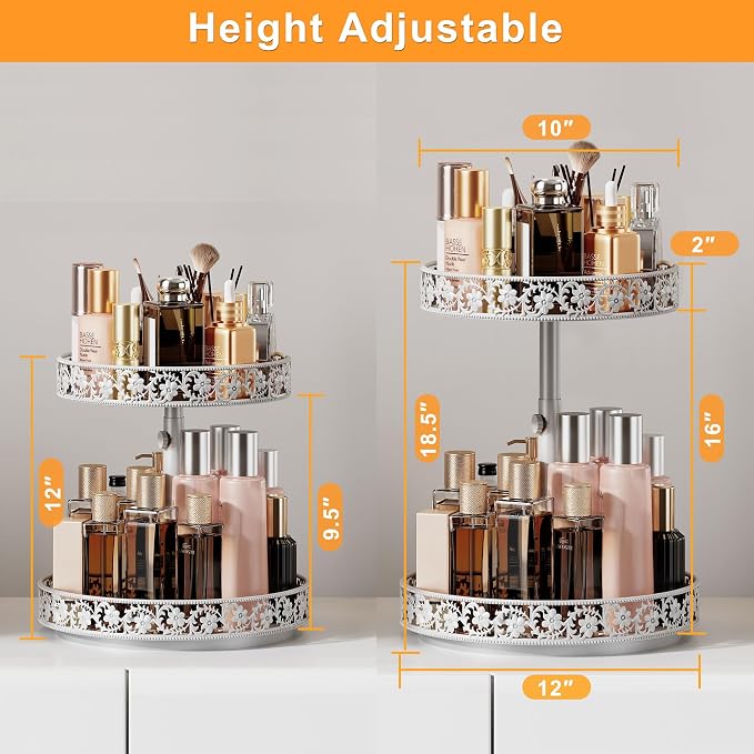 2 Tier Lazy Susan Organizer Turntable, 12 Inch, White | Adjustable, Easy Assembly & Cleaning, Two Tier Rotating Lazy Susan Spice Rack, For Cabinet Dining Table Kitchen Countertop