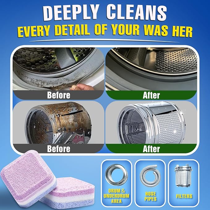 Washing Machine Cleaner Tablets 24-Pack, 3-Layer Formula Deep Cleaning, Pet Hair & Odor Removal, Residue & Build-Up Cleaner for HE, Front Load & Top Load Washers