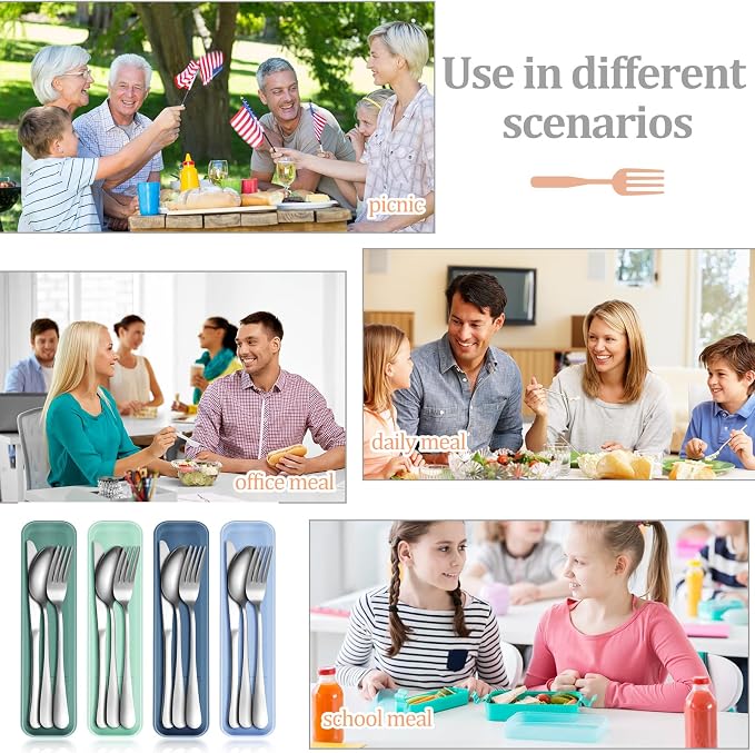 4 Pack Travel Silverware Set with Case for Lunch,Blue | Reusable Utensils with Case, Portable Flatware, Camping Cutlery, Fork Spoon Knife, for Work School, Dishwasher Safe