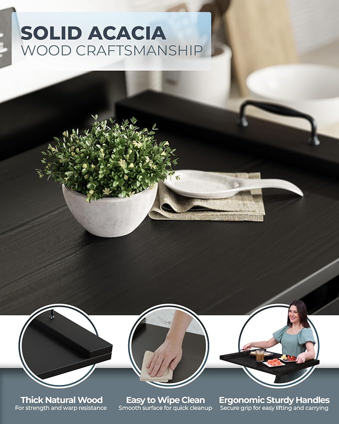 Bluewest Gas Stove Burner Covers, Wooden Noodle Board with Handle, Black | Extra-thick wooden RV stovetop and sink cover doubles as a tray, creating extra kitchen counter space for prep and serving.