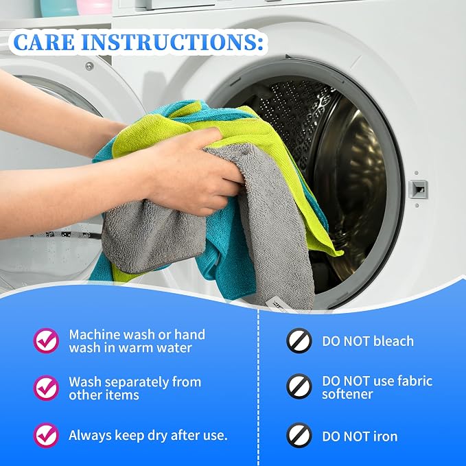 Microfiber Cleaning Cloth - Pack of 12, Multi-Functional Towels, Size: 12 x 16 in, Highly Absorbent Rags, Lint-Free, Streak-Free for Car, Kitchen, Home, Office