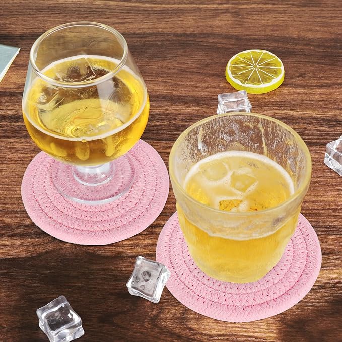 ABenkle 8 Pcs Drink Coasters with Holder, Cotton Woven Absorbent Coasters for Drinks, Minimalist Home Decor Coaster Set for Wooden Tabletop Protection Table, 4.3 inches Bright Pink