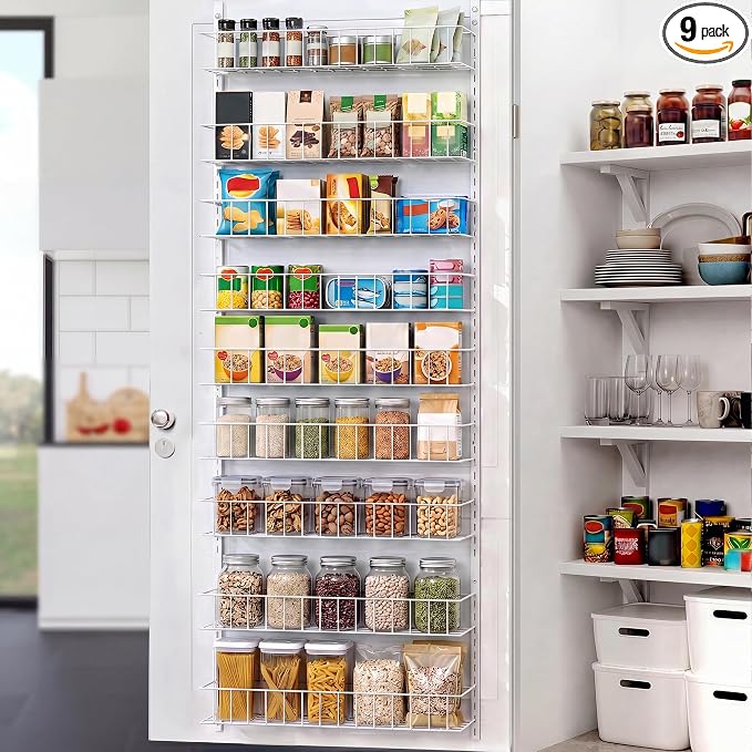 ElegantArray 9-Tier Pantry Door Organizer, White | Over The Door Pantry Organizer Rack and Storage, Hanging Spice Rack Shelves Door, Home Office Laundry Room Bathroom & Kitchen