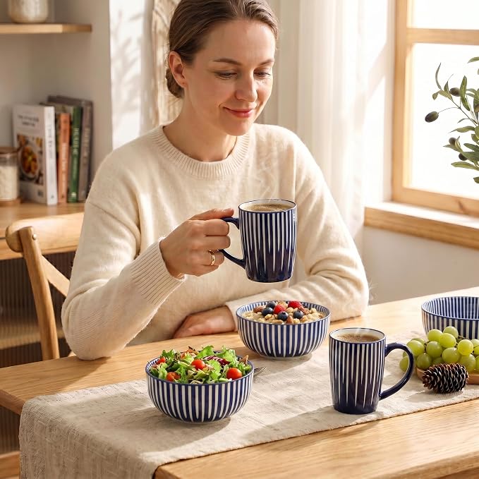Ceramic Soup Bowls, 28 Ounces Cereal Bowls for Oatmeal, Dessert and Pasta, Japanese Style Large Rice Bowls Set of 6, Prefect for Kitchen,Gift, Dishwasher & Microwave Safe, Vintage Blue