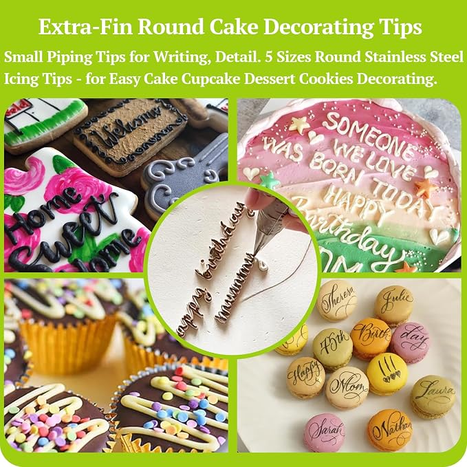 Suuker Extra-Fine Round Piping Tips Set, 5-Piece Cake Decorating Tips | 5 Small Icing Tips for Cake, Cookie and Cupcake Decorating, Cake Writing Tool