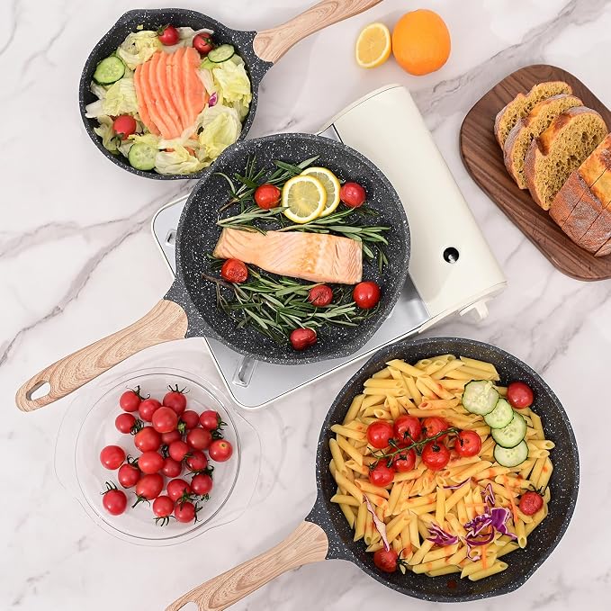 JEETEE 8 & 9.5 & 10 Inch Nonstick Frying Pan Sets for Cooking - Dual Spouts | All Stove Compatible, Easy-Clean, Even Heating, PFOA Free, Cool Ergonomic Handle, Non Stick Fry Pans for Egg Steak Fish,Grey