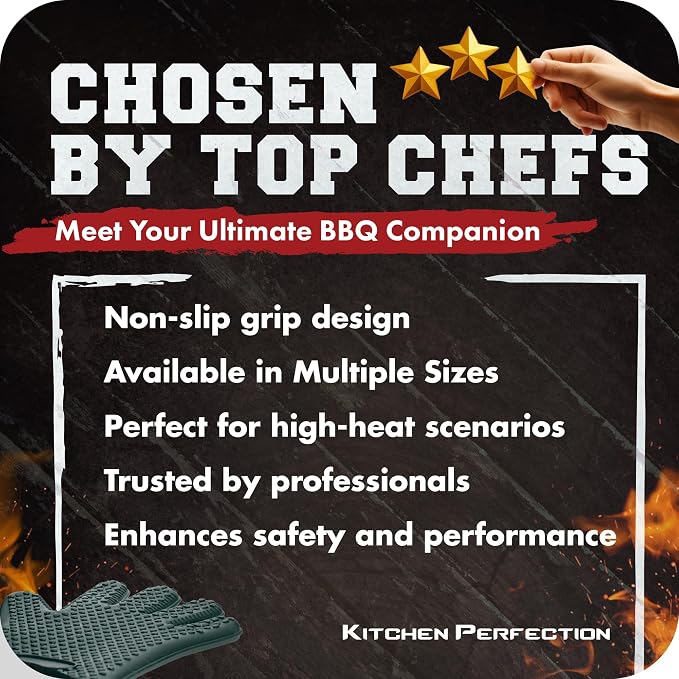 KITCHEN PERFECTION S Silicone Smoker BBQ Gloves - Heat Resistant Oven Mitts | Waterproof, 5-Finger Design For A Better Grip, for Pitmasters, Meat Smoking, Grilling, Cooking, Frying Turkey | Grill Gift