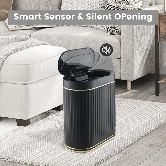 ELPHECO Slim Bathroom Trash Can with Lid, 2 Gallon Black Golden | Smart Garbage Can, Plastic Wastebasket, Narrow Garbage Bin, Waterproof Bathroom Decor for Bedroom